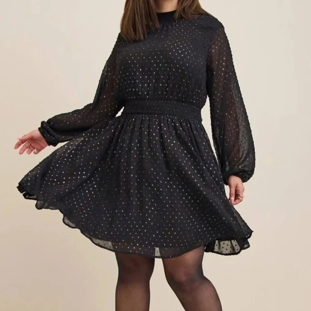 Torrid Mini Rainbow Clip Dot Blouson Sleeve Dress Black Size 2 (18/20) - Picture 3 of 7